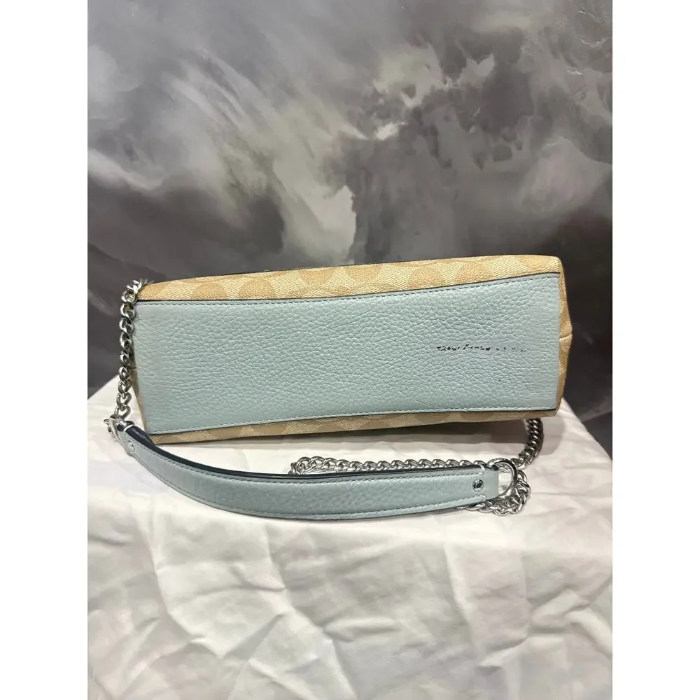 Coach Tammie Shoulder Bag in Signature Canvas Khaki Teal Chain Strap C6784